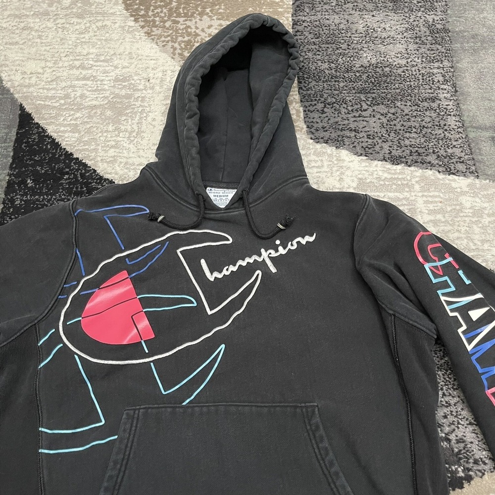 Champion Reverse Weave Sweatshirt Hoodie Men Medium Black Embroidered Spellout